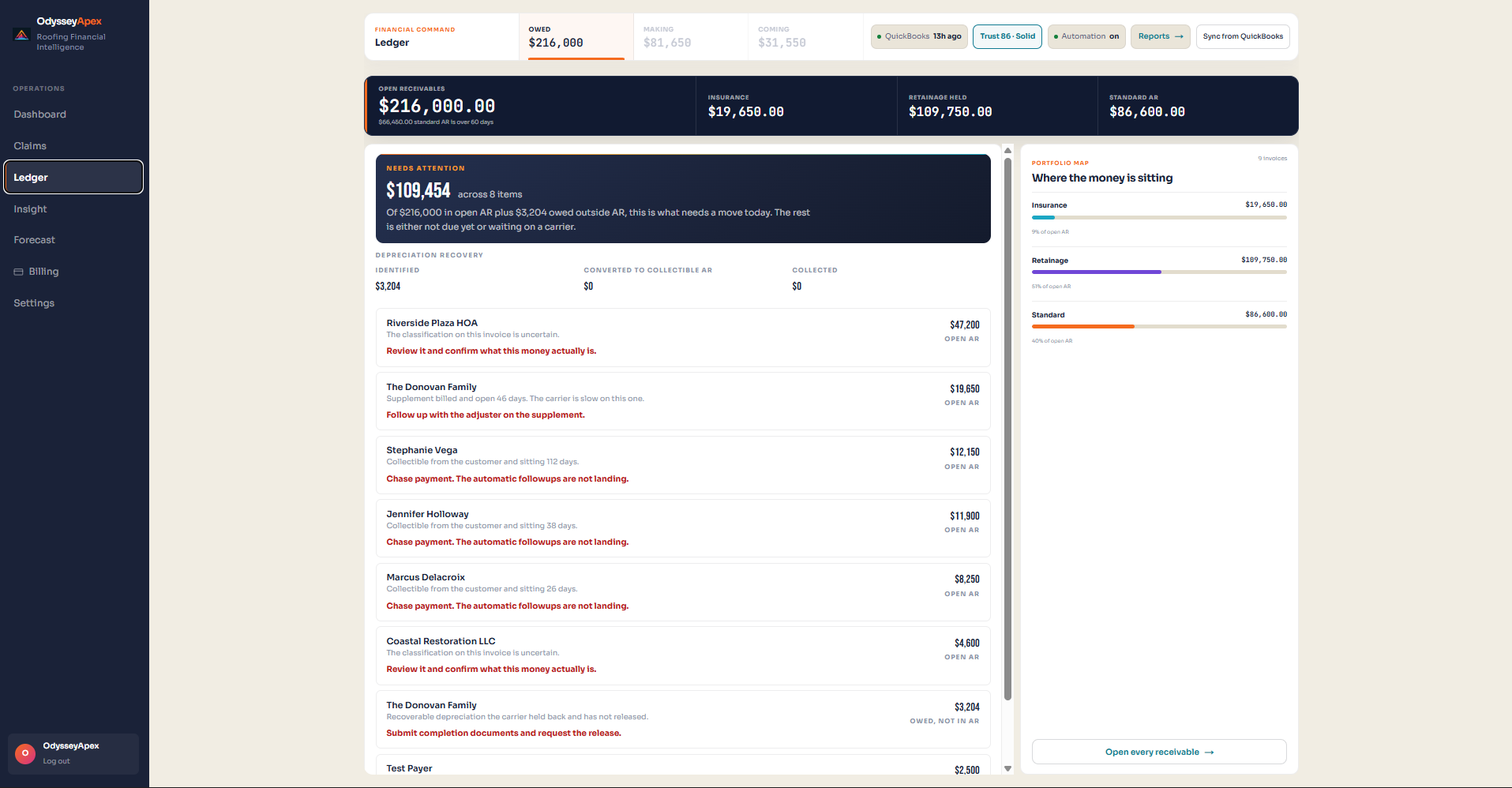 Odyssey demo Ledger showing Stephanie Vega's $12,150 direct pay balance with an age of 112 days and a payment followup recommendation